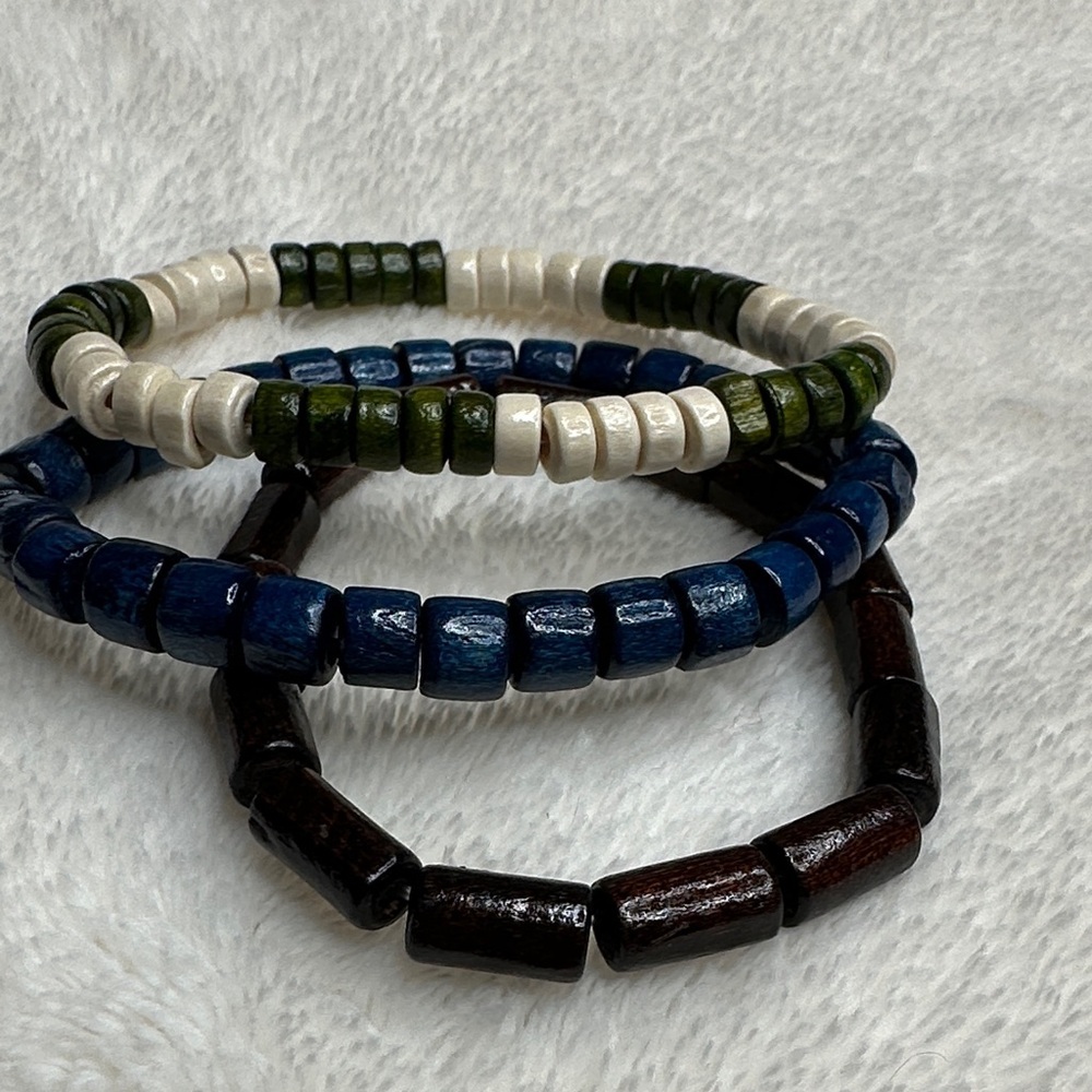 Men's Multicolor Beaded Bracelet Set of 3 Brown Navy Green Cream Wooden Bead NWT